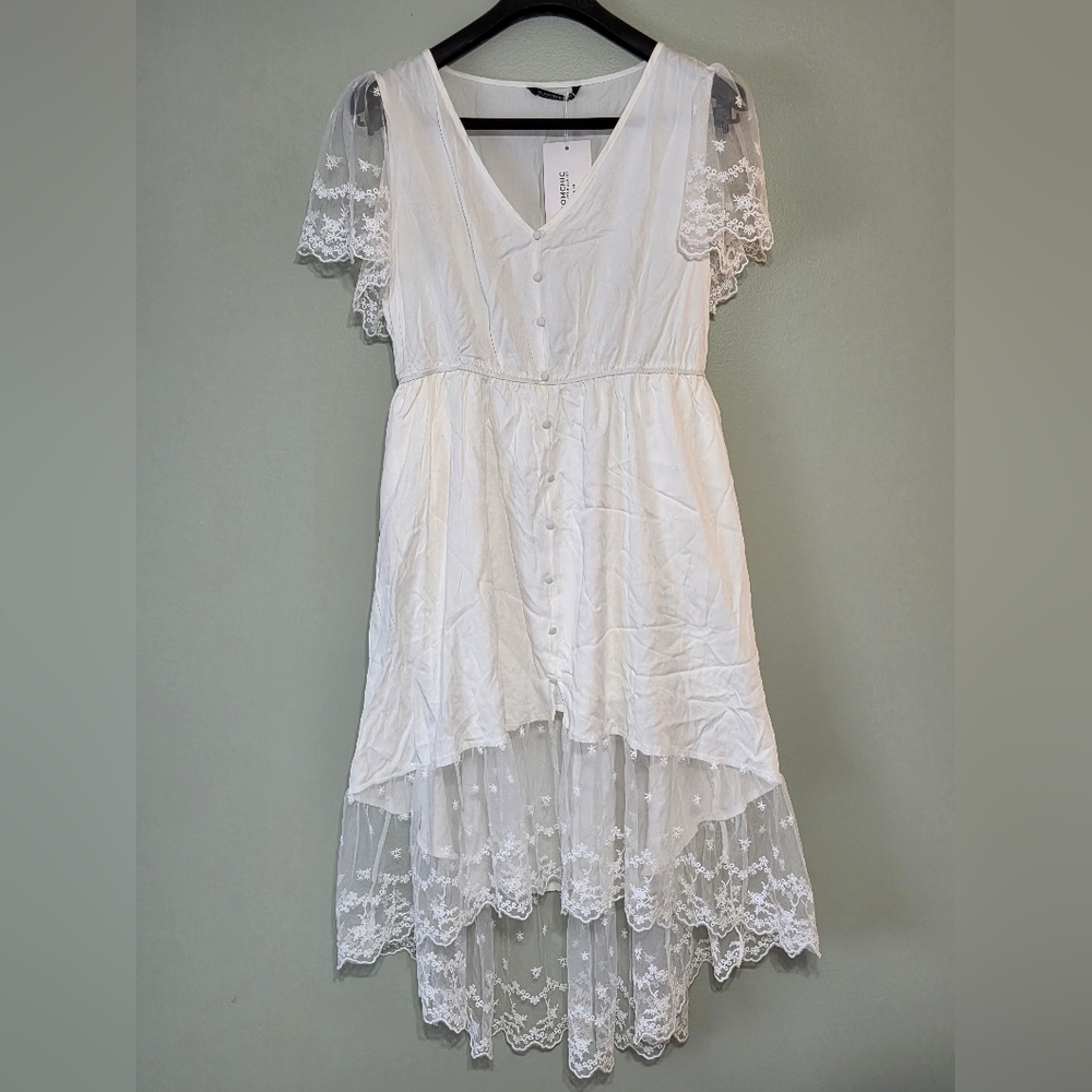 NWT BloomChic White Ruffle Sleeve Lace Hem High Low Dress Cottagecore Size 12
